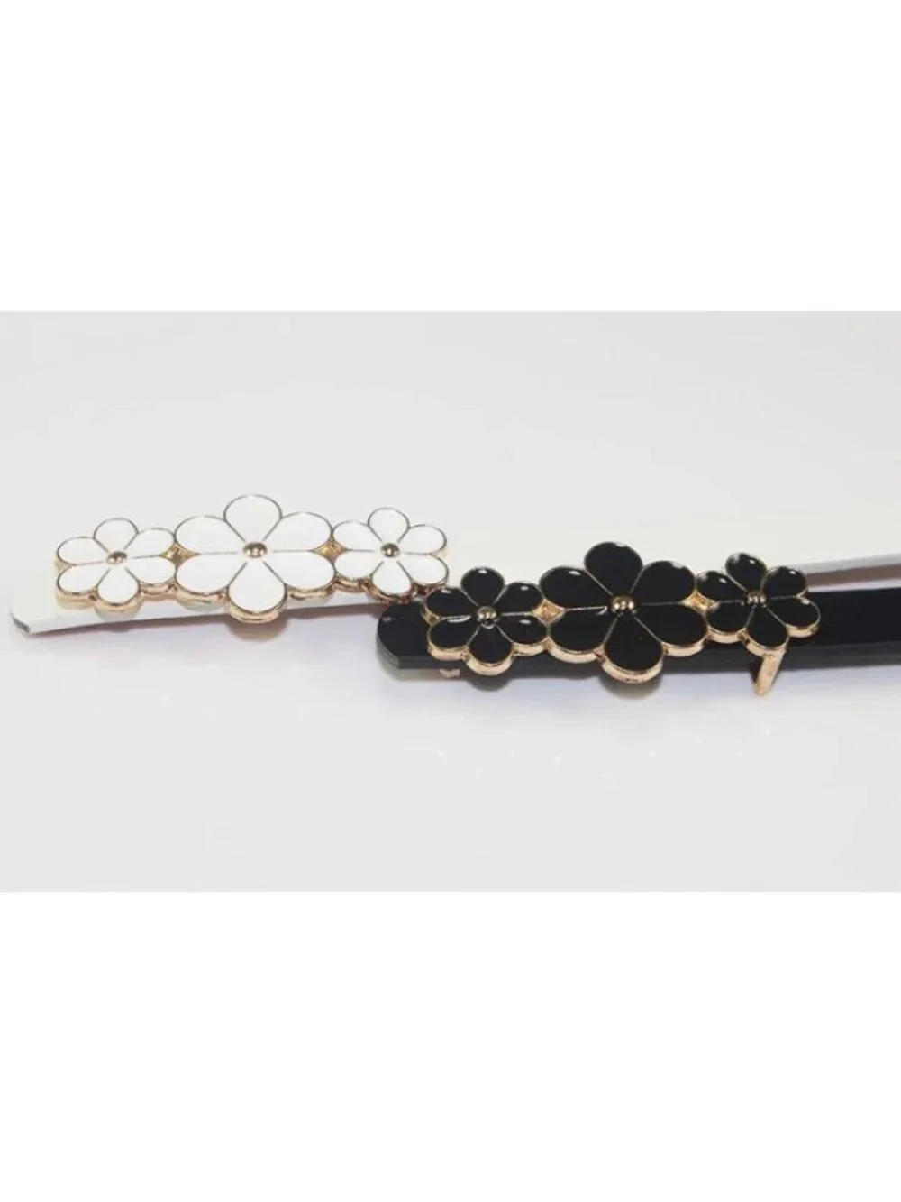 Floral Buckle Skinny Belt Set of 2 - Black & White with Gold Accents